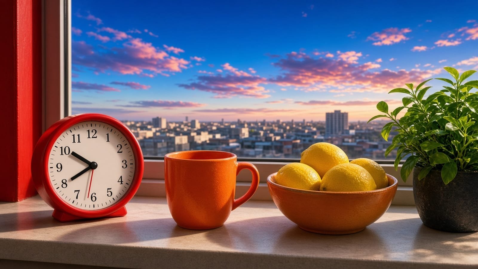 A red-handed clock beside an orange mug, yellow lemons, and a green plant