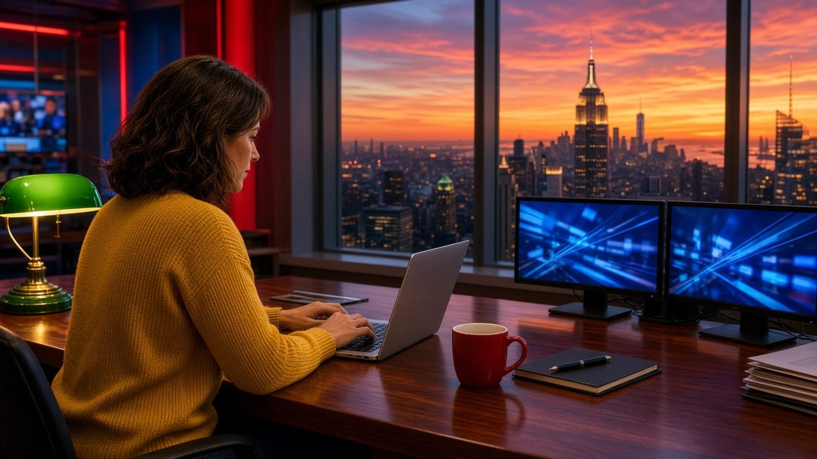 A Sunday midday news desk with a red mug, green lamp, and orange sunset skyline