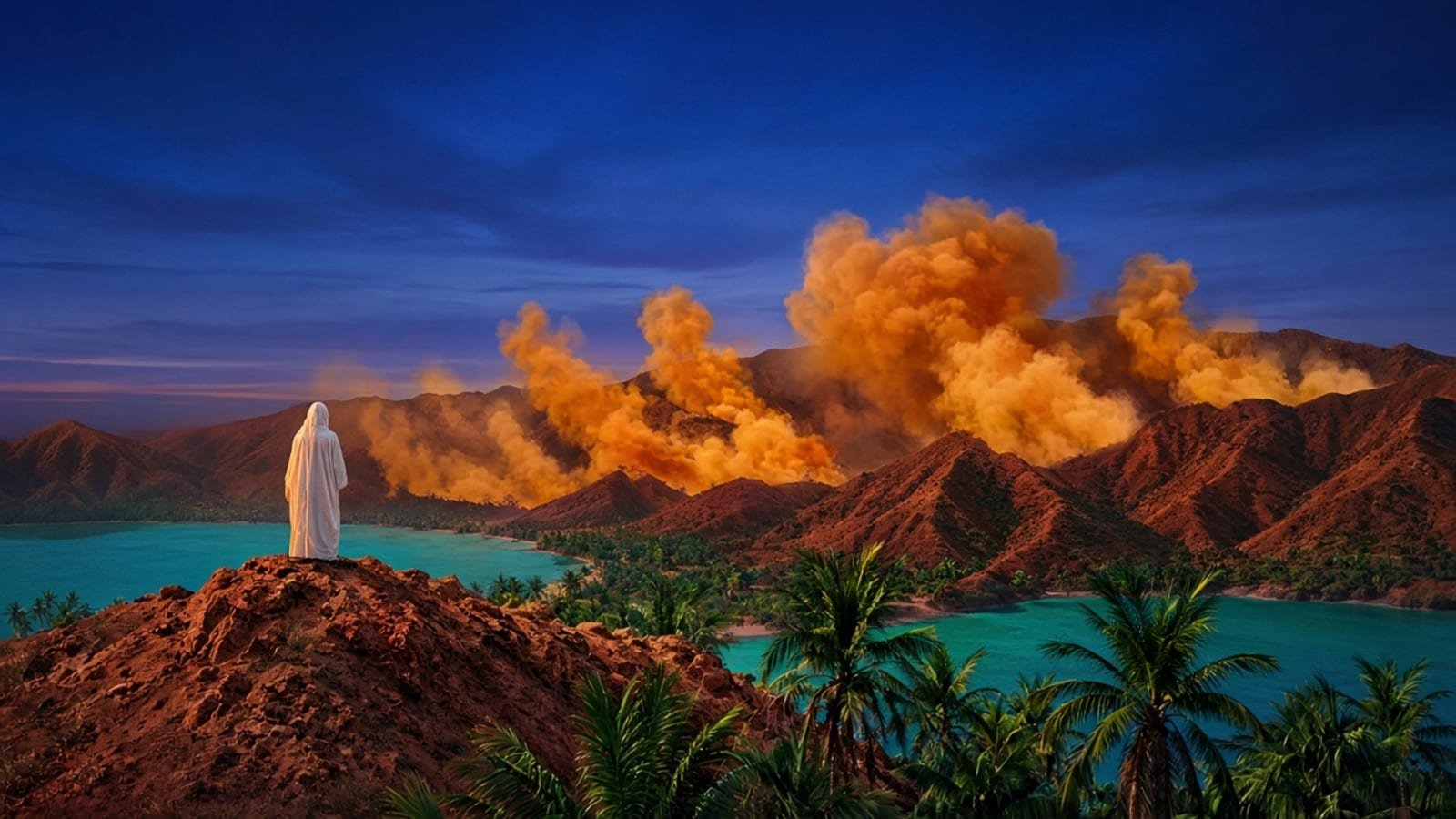 Orange smoke over rust-red mountains, turquoise water, and green palms at dusk