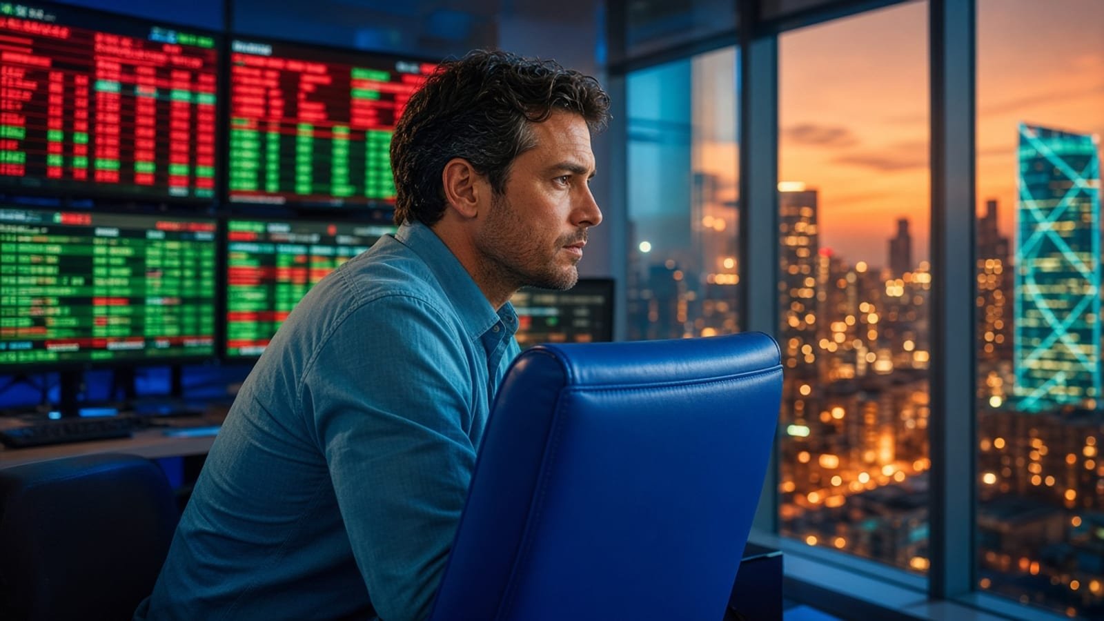 A teal-shirt trader at a royal-blue chair with red-green screens and orange city lights
