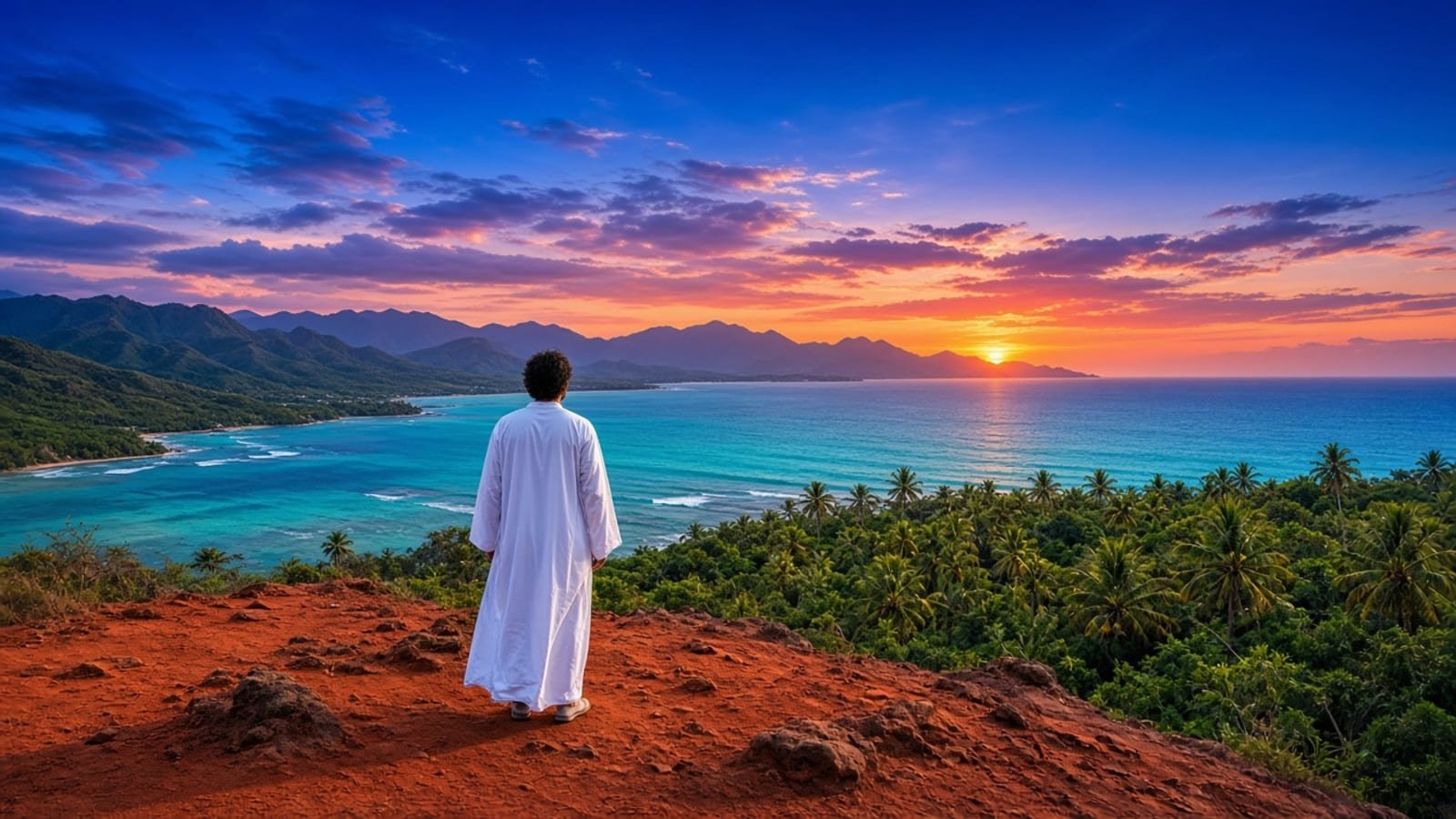 A person in white above turquoise water, green palms, and rust-red mountains at orange dawn