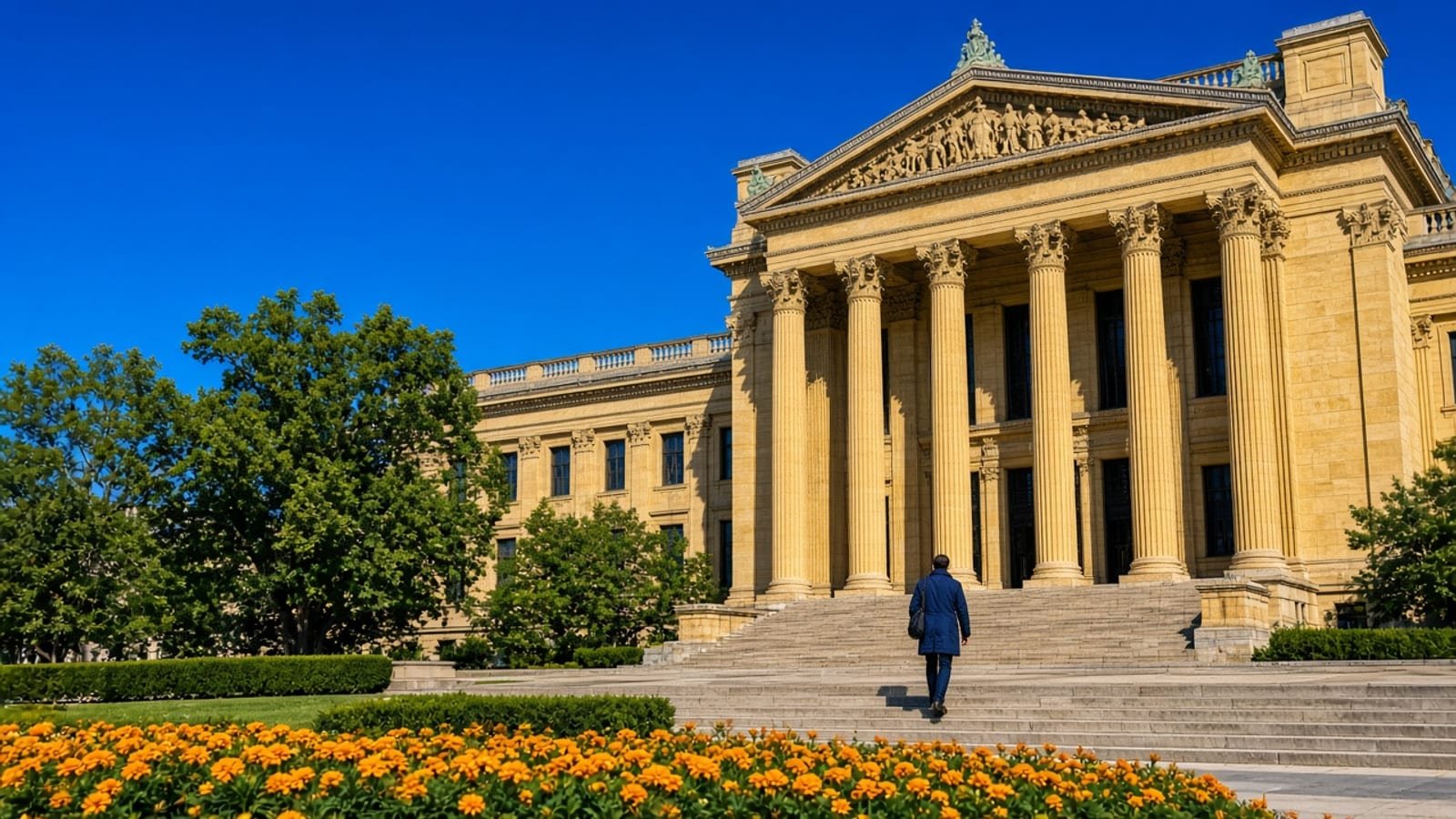 A gold Philadelphia courthouse under a royal-blue sky with green trees and orange flowers