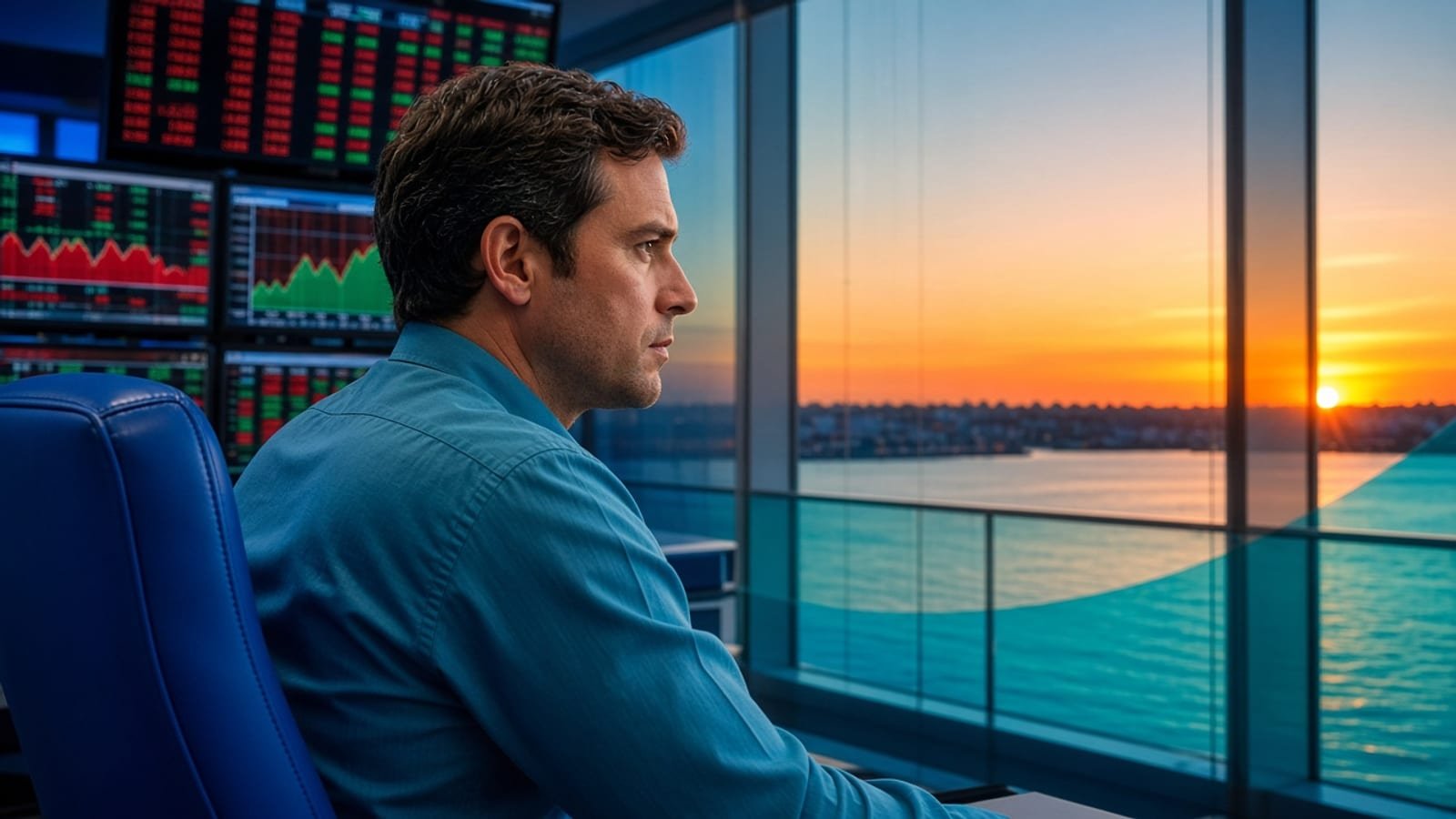 A teal-shirt trader at a royal-blue chair with colorful screens and an orange sunrise window