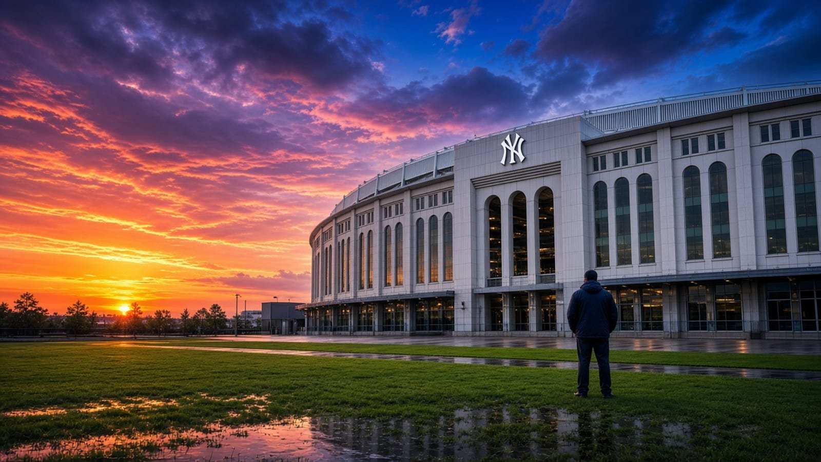 A wet green stadium field under an orange-pink sunrise with royal-blue breaking sky