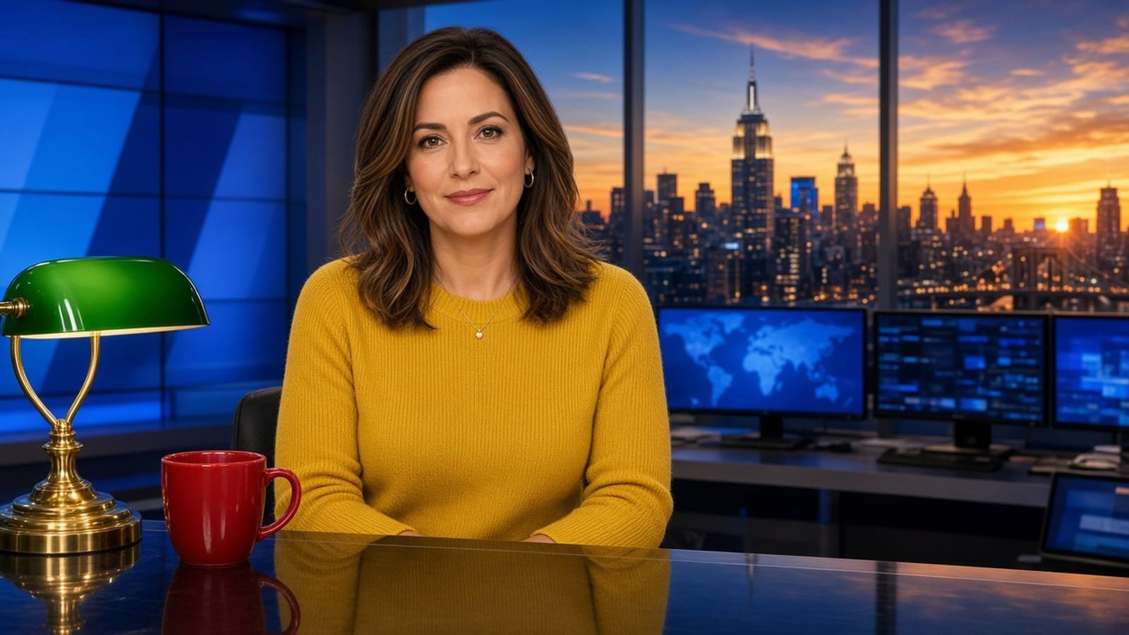 A Monday morning news desk with a red mug, green lamp, and orange sunrise skyline