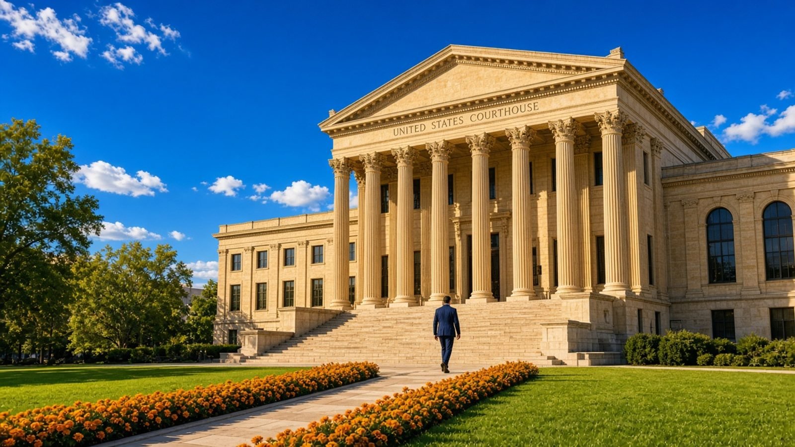 A gold courthouse under a royal-blue sky with green lawn and orange flowers