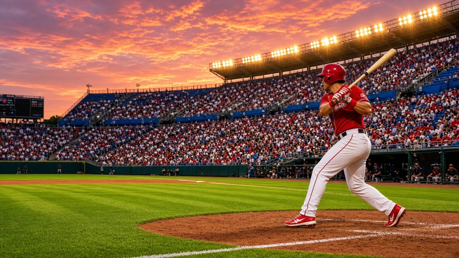 A batter in a red jersey on green grass under gold lights and royal-blue packed seats