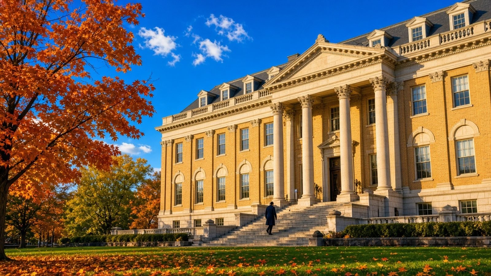 A gold New England courthouse under a royal-blue sky with green lawn and orange leaves