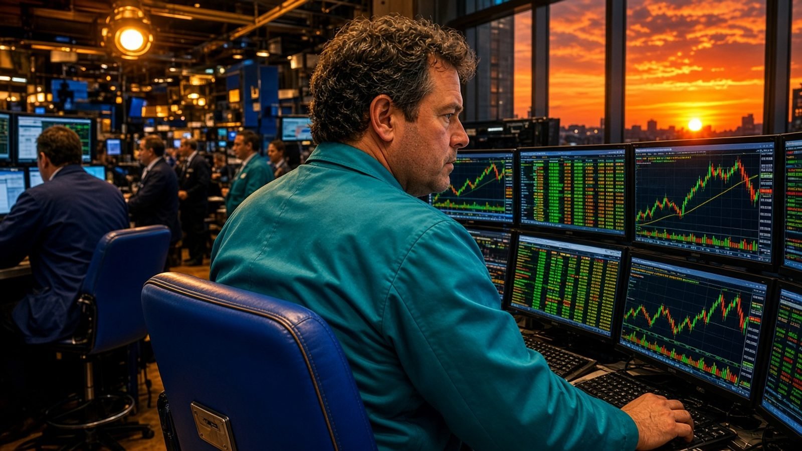 A teal-jacket trader at a royal-blue chair with colorful close-bell screens and amber lights