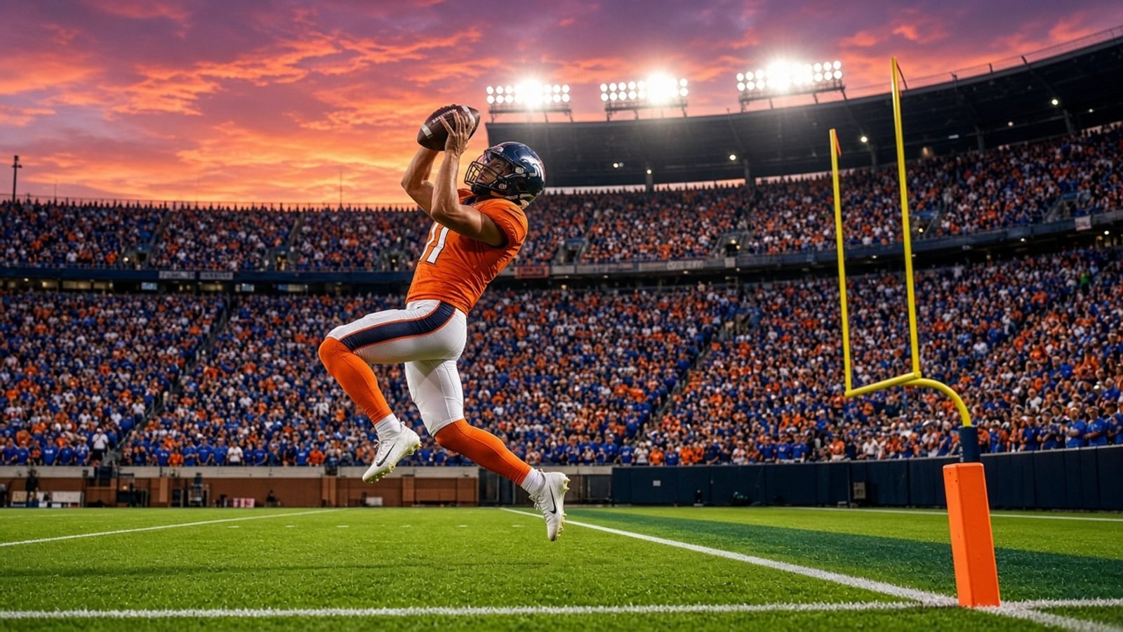 A quarterback in an orange jersey leaping on green grass under gold lights and royal-blue seats
