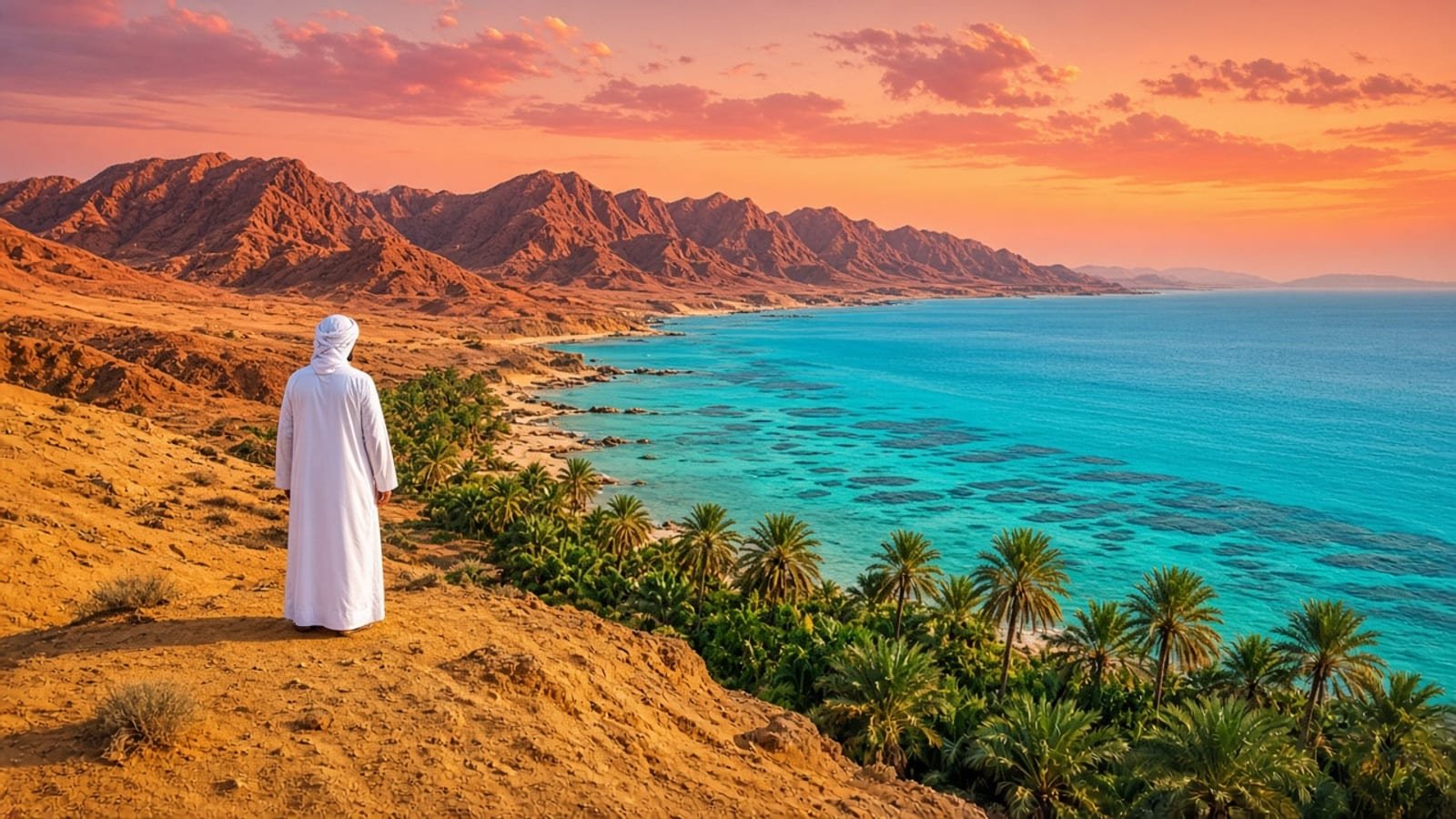 A person in white above turquoise Red Sea water, green palms, and an orange-pink Yemen dawn