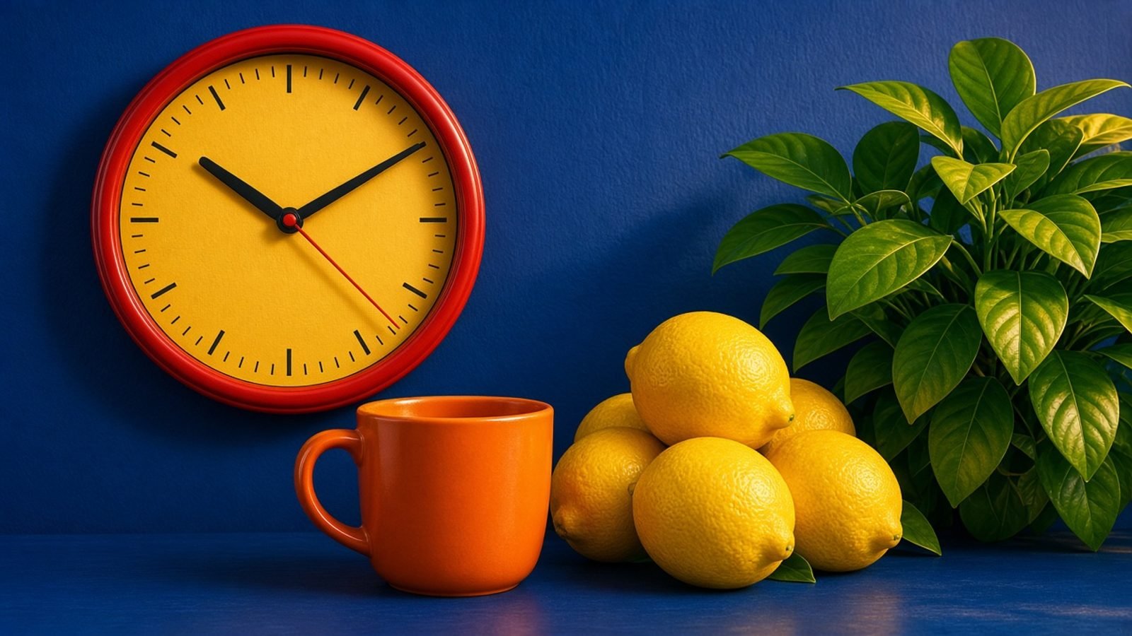 A red-handed clock beside an orange mug, yellow lemons, and a green plant on a cobalt wall