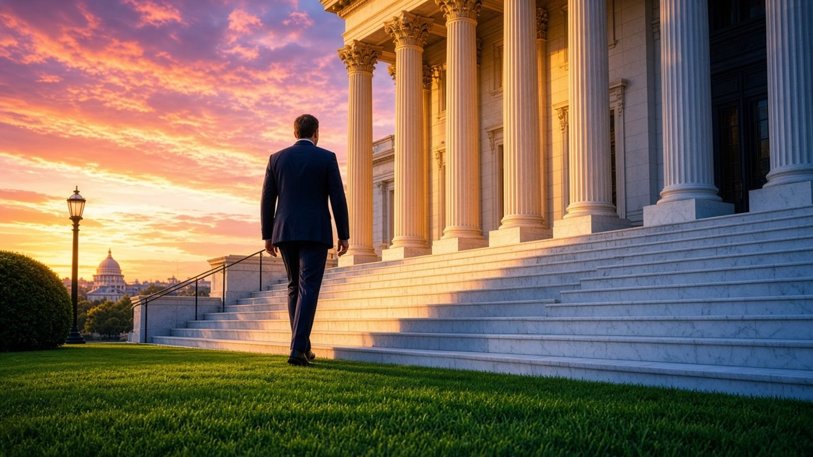 A navy-suited person on gold-lit marble steps with emerald lawn and an orange-pink sunset sky