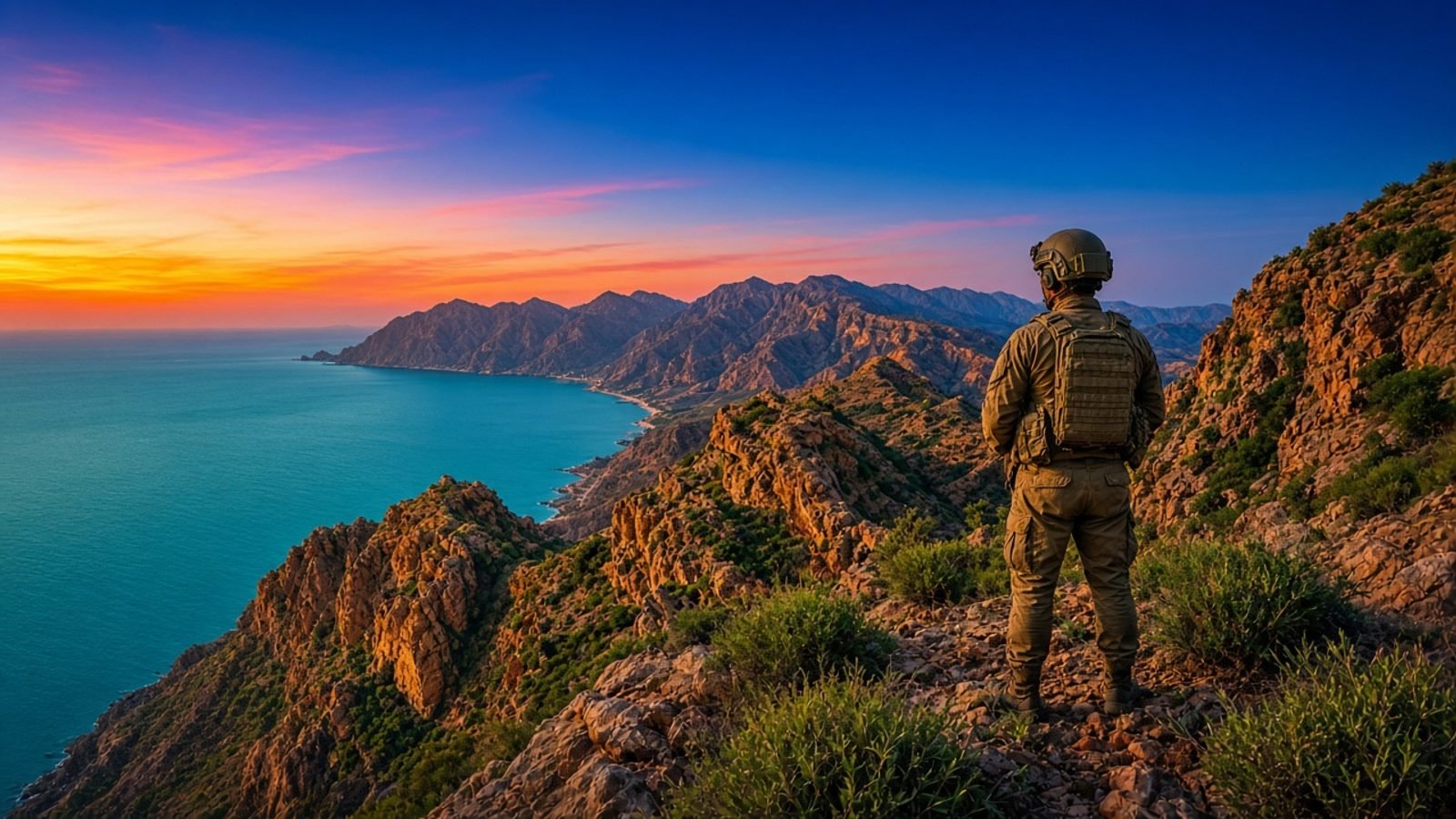 A soldier on a gold Taiz ridge above turquoise Red Sea water under an orange-pink dusk
