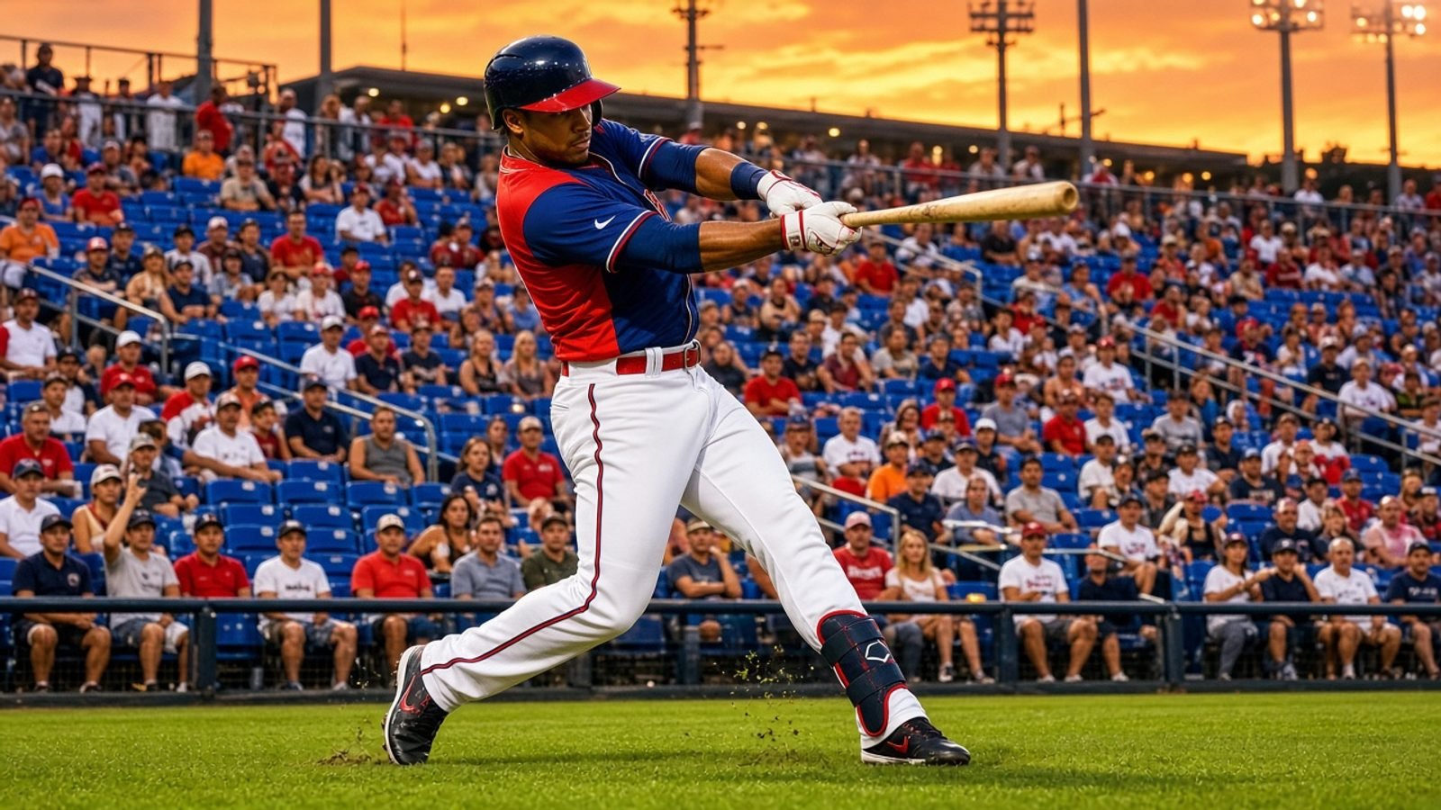 A batter in a navy-and-red jersey on green grass under gold lights and royal-blue seats