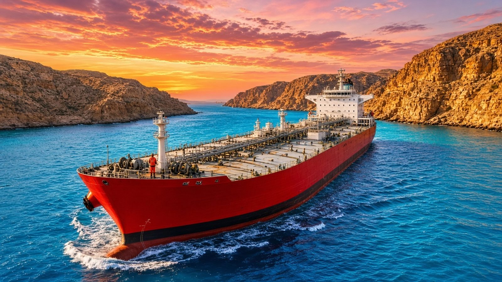 A red-hulled tanker on turquoise strait water with gold cliffs and an orange-pink sunset