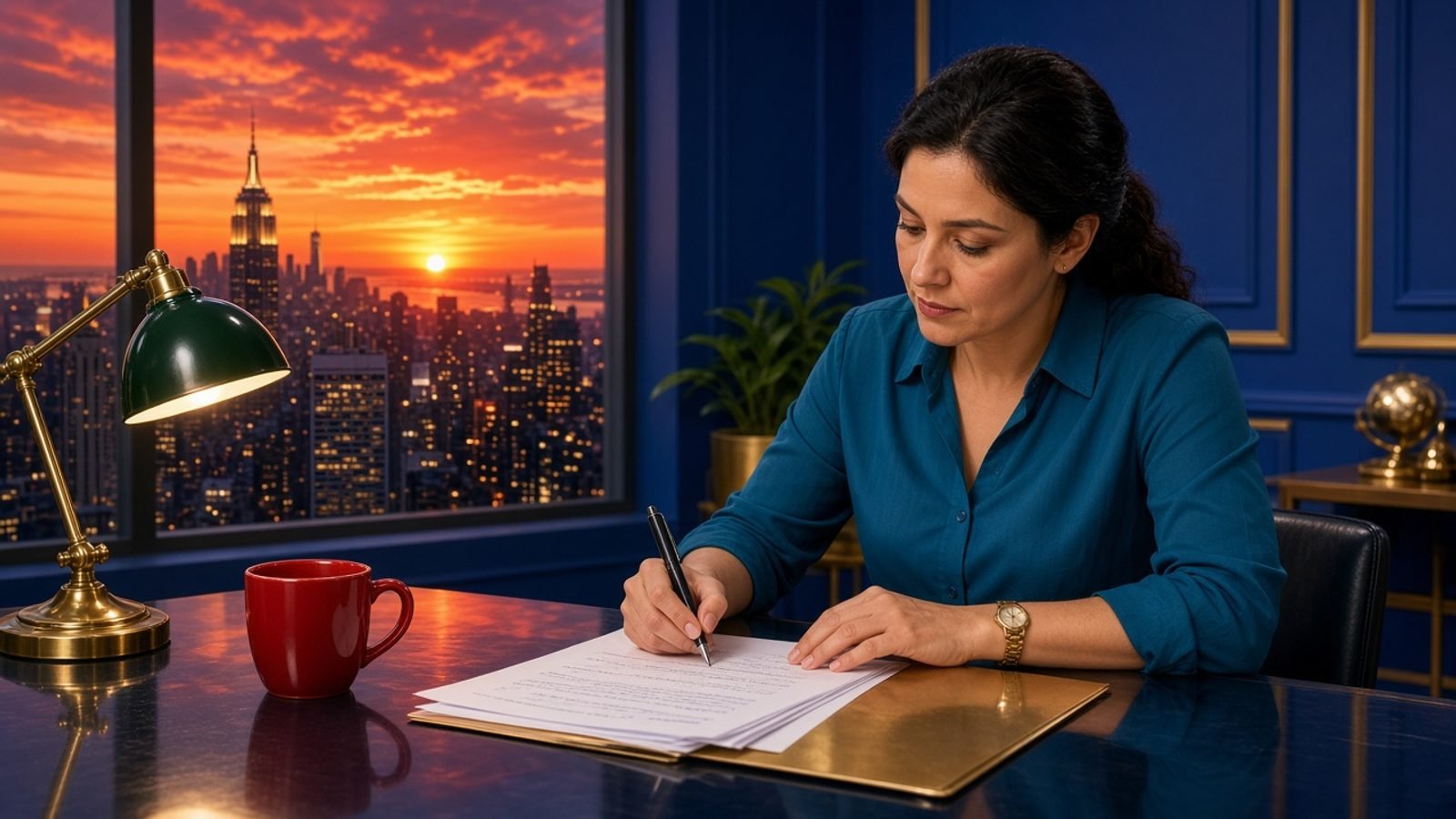 A Tuesday evening news desk with a red mug, green lamp, and orange sunset skyline
