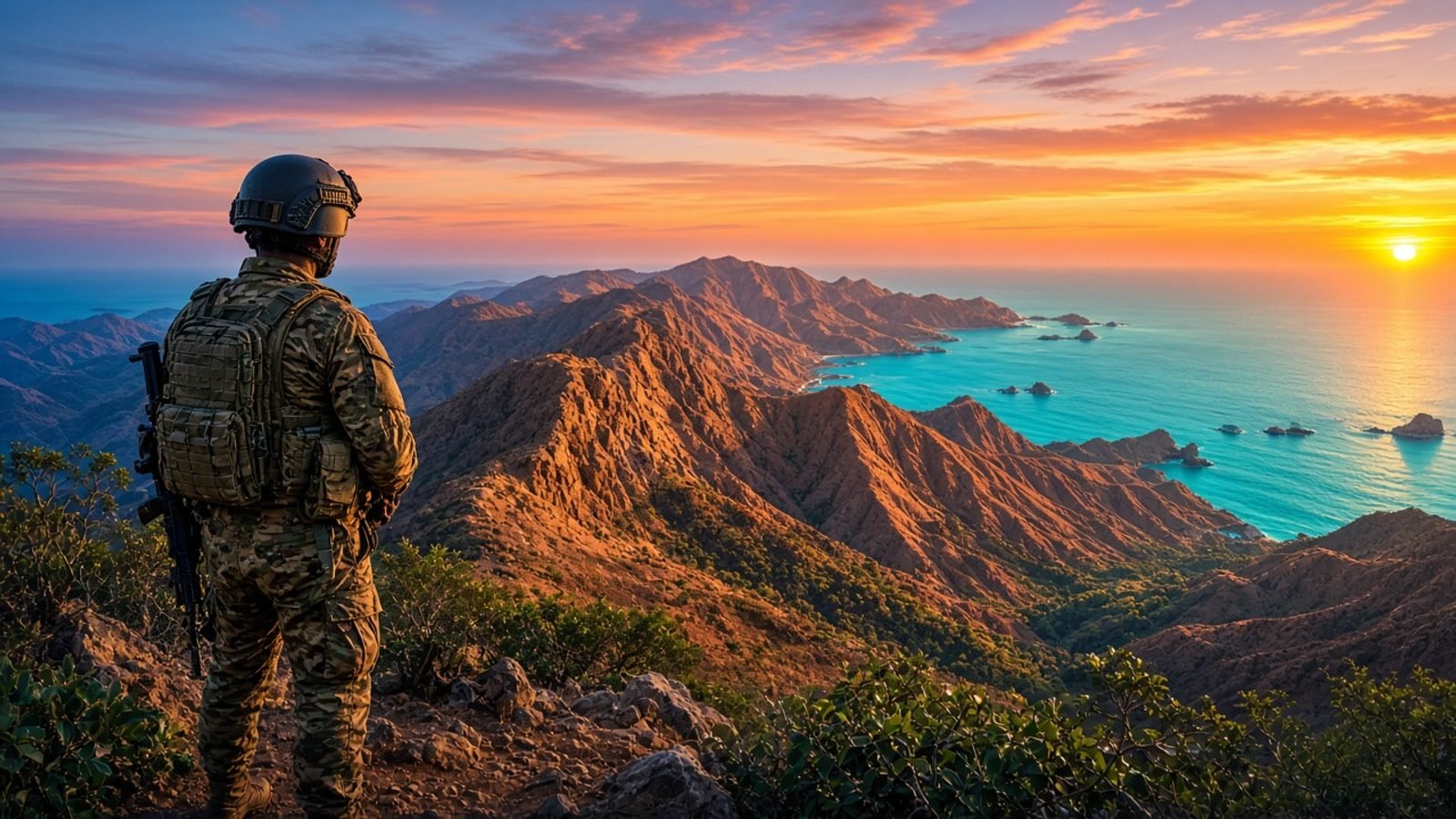 A soldier on a gold Yemen ridge above turquoise Red Sea water under an orange-pink dawn