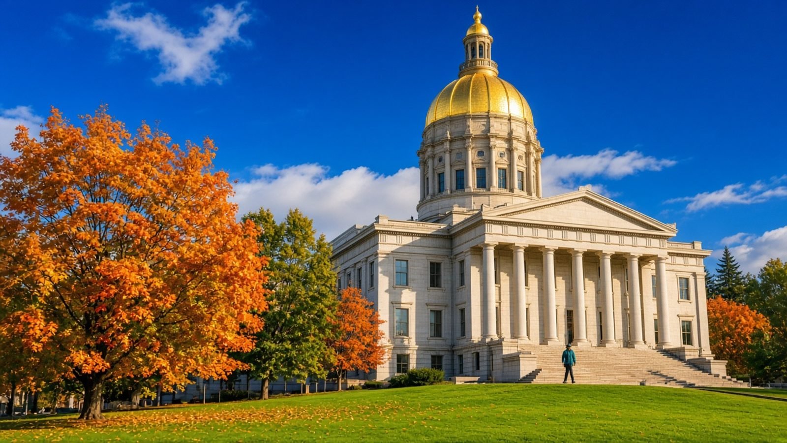 A gold-domed courthouse under a royal-blue sky with green lawn and orange maples