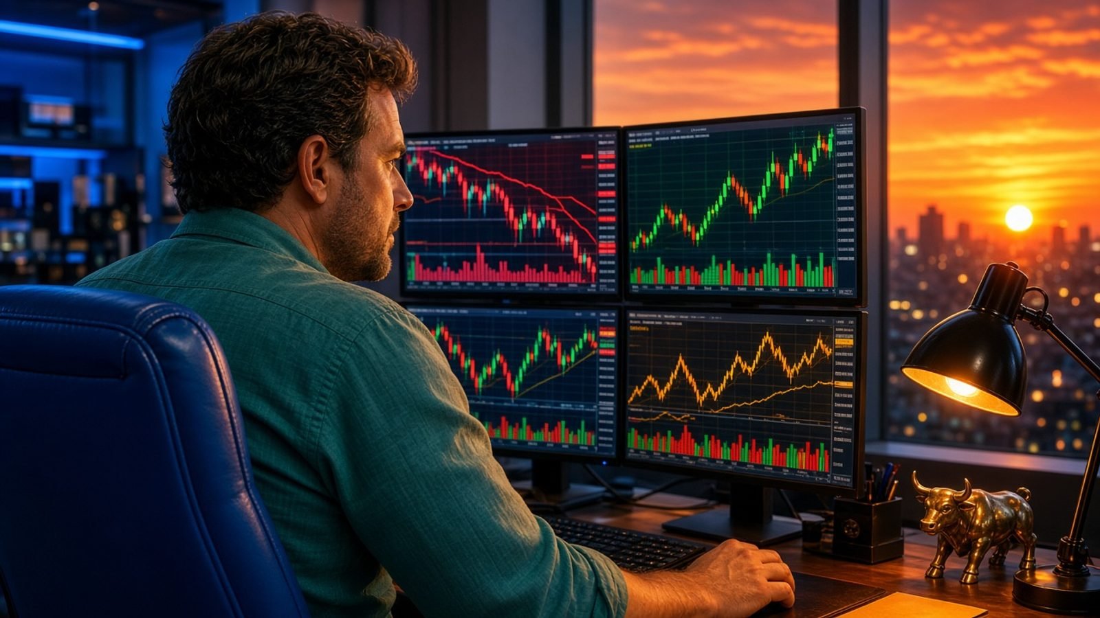 A teal-shirt trader at a royal-blue chair with colorful screens and an orange sunrise window