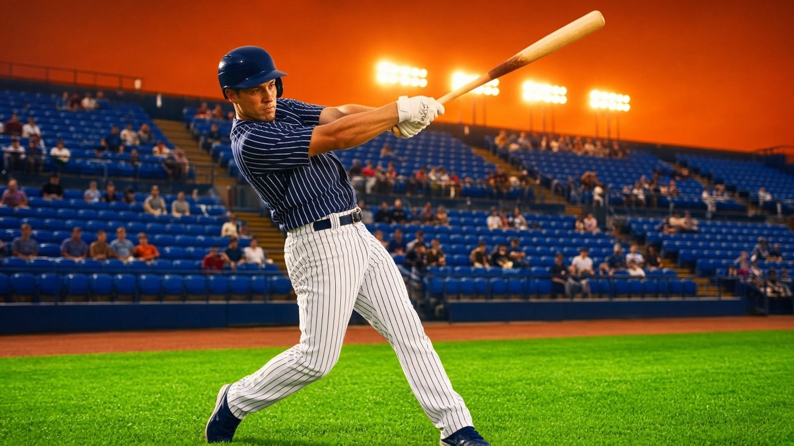 A batter in a navy pinstripe jersey on green grass under gold lights and royal-blue seats