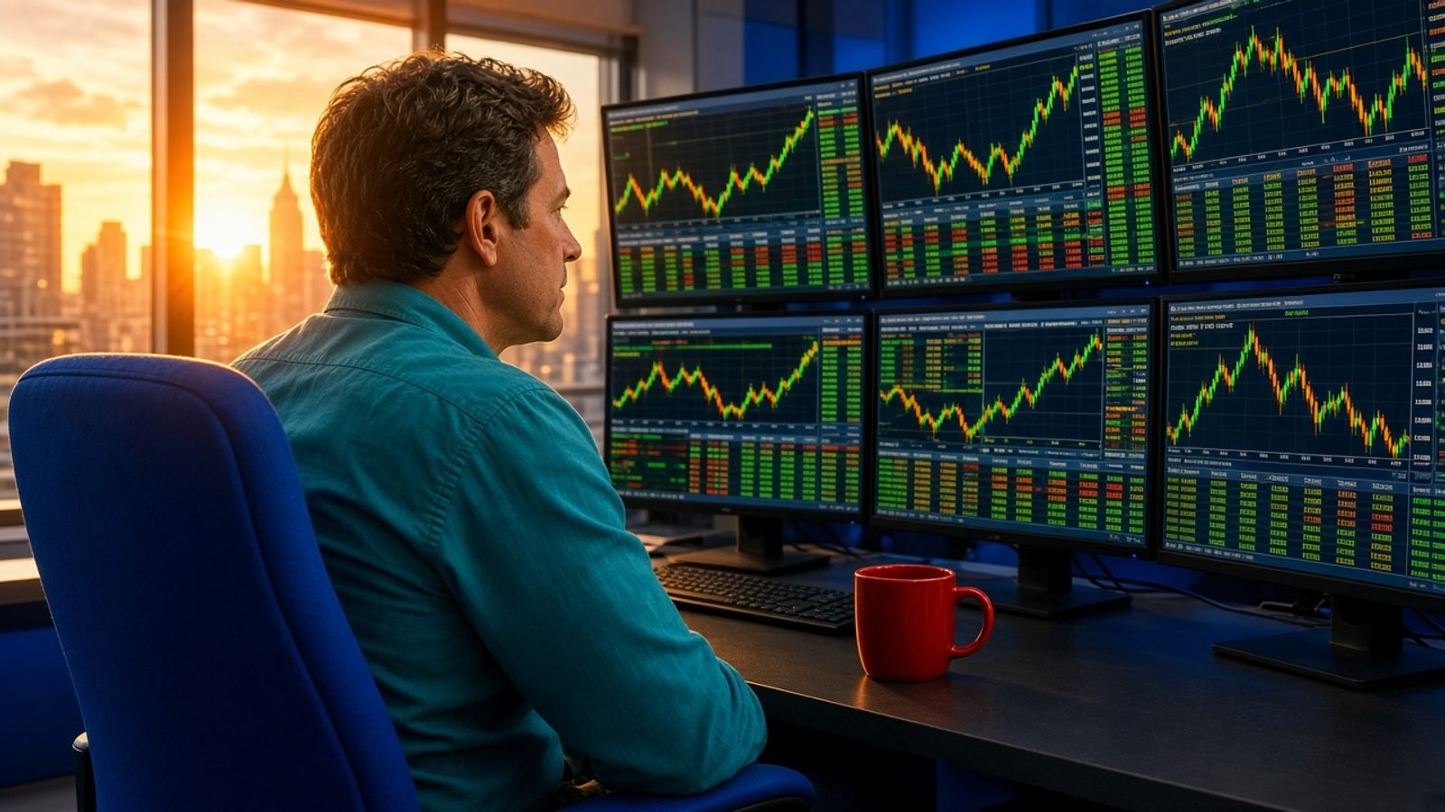 A teal-shirt trader at a royal-blue chair with colorful screens and orange midday sun