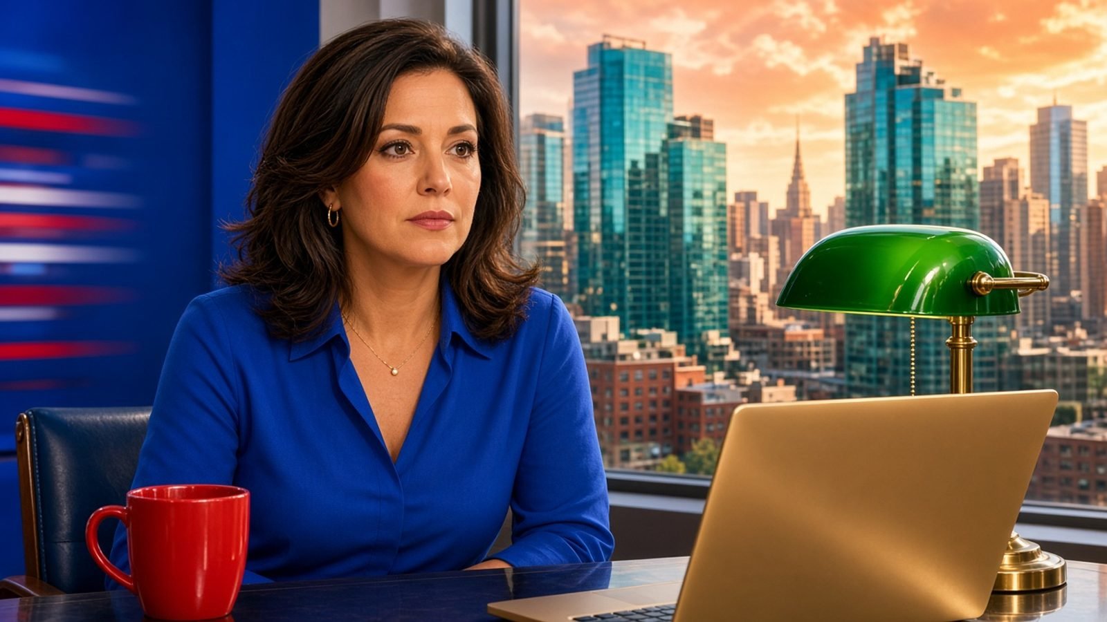 A Wednesday midday news desk with a red mug, green lamp, and orange sunlit skyline
