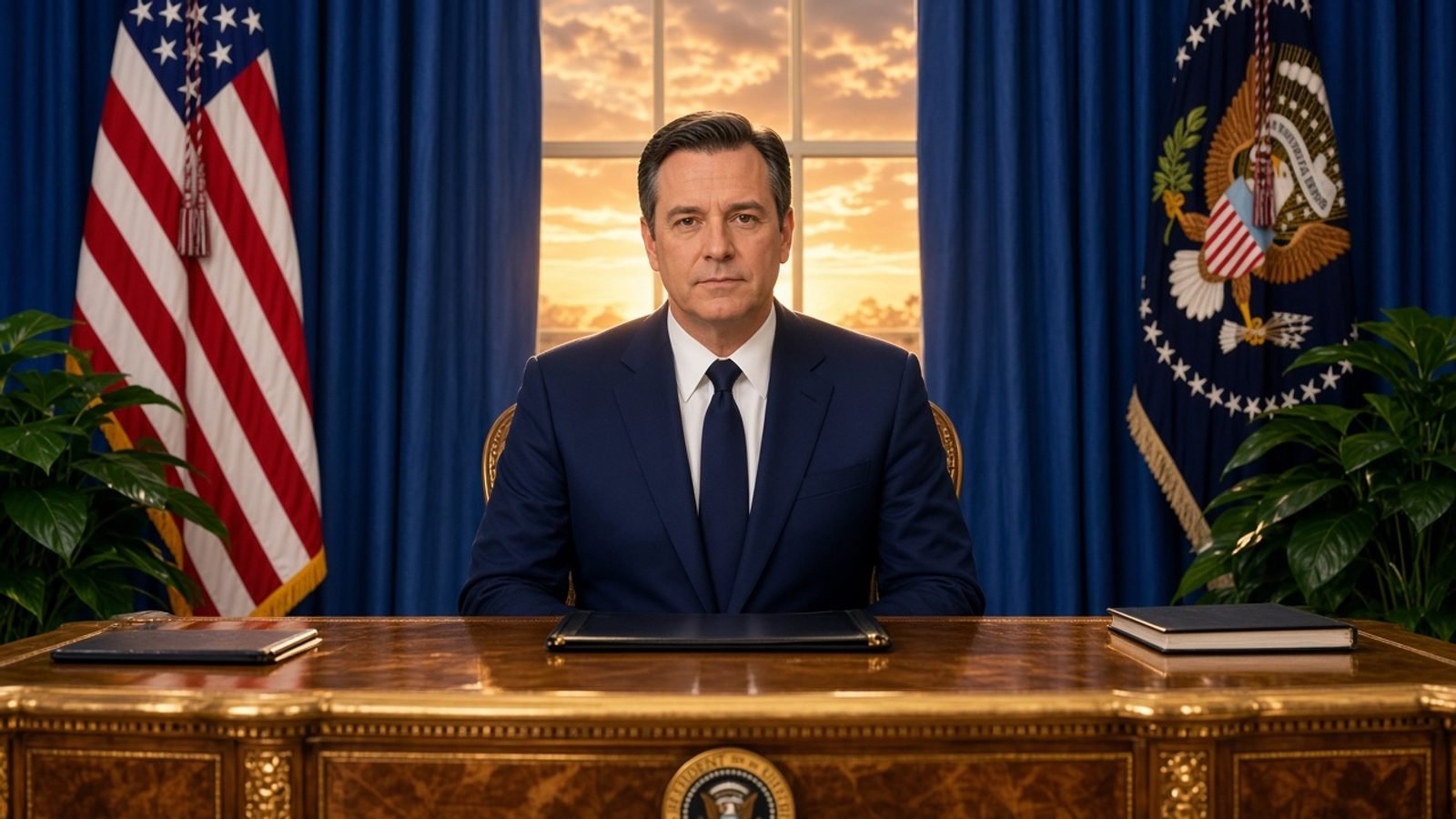 A navy-suited person at a gold Oval desk under royal-blue drapes and orange evening sun