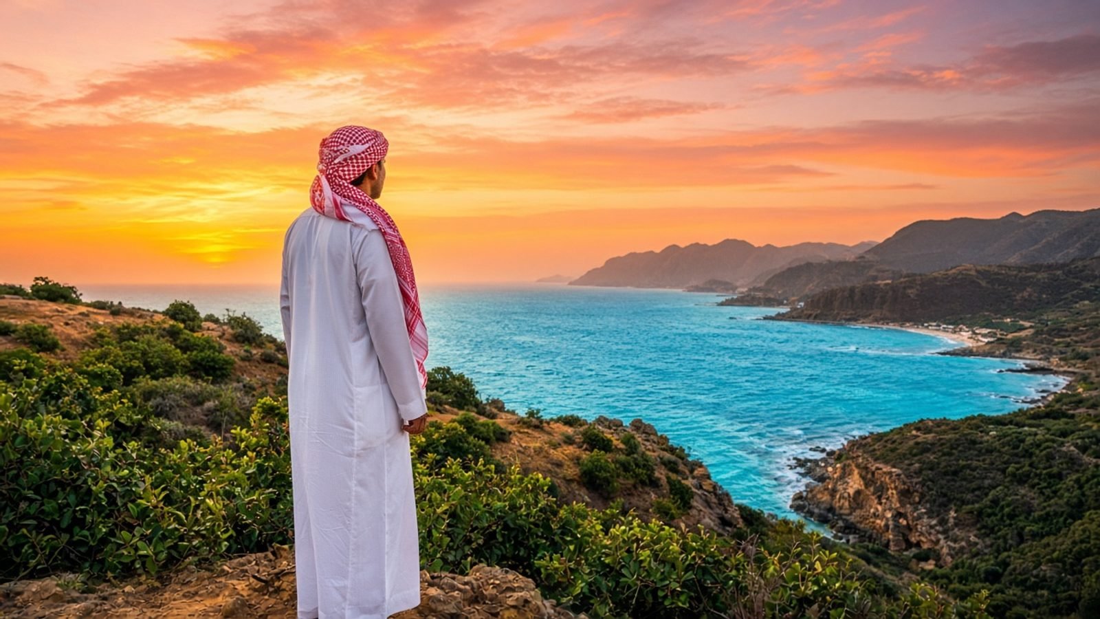 A person in white on a gold Yemen ridge above turquoise Red Sea water under an orange-pink sunset