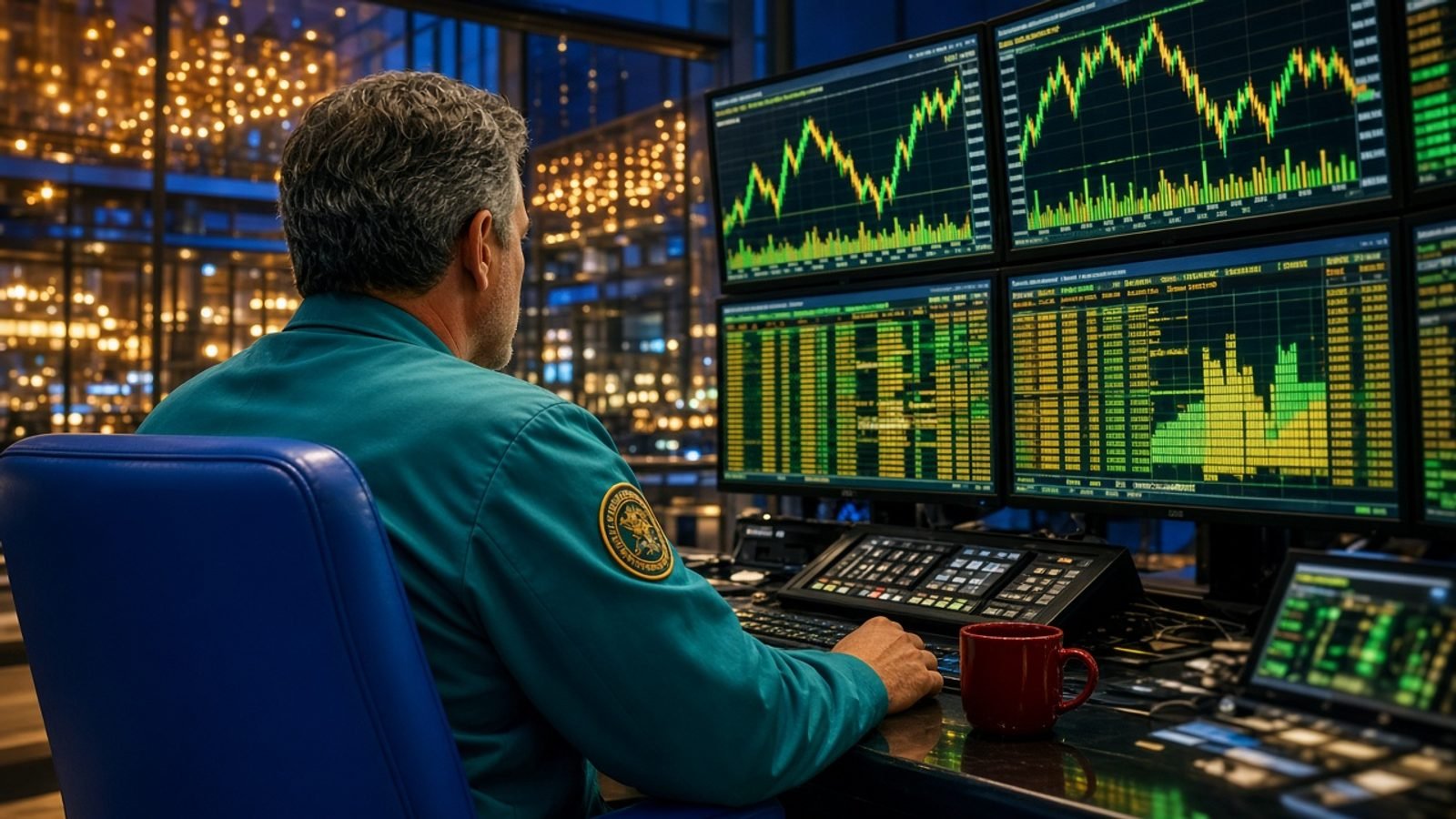A teal-jacket trader at a royal-blue chair with colorful close-bell screens and amber lights