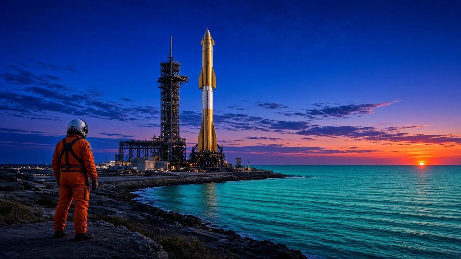 A gold-and-white rocket on a Florida pad under a cobalt twilight sky with turquoise water