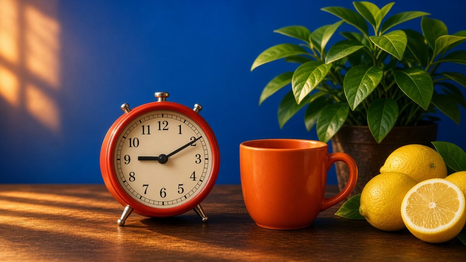 A red-handed clock beside an orange mug, yellow lemons, and a green plant on a cobalt wall