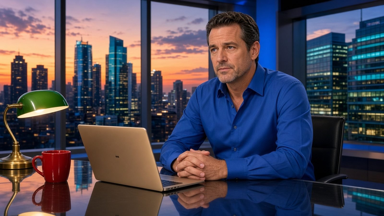 A Wednesday evening news desk with a red mug, green lamp, and orange sunset skyline