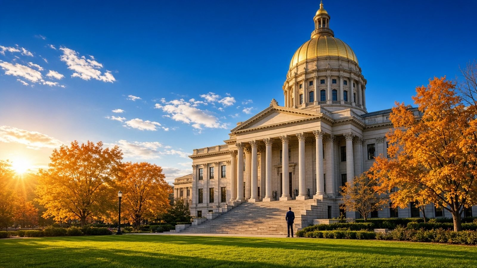 A gold-domed courthouse under a royal-blue sky with green lawn and orange maples