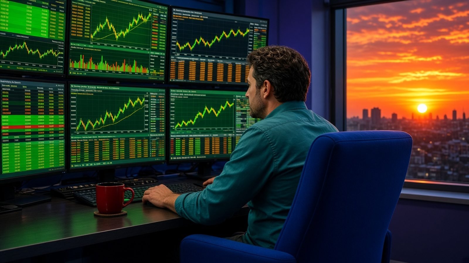 A teal-shirt trader at a royal-blue chair with colorful screens and an orange sunrise window
