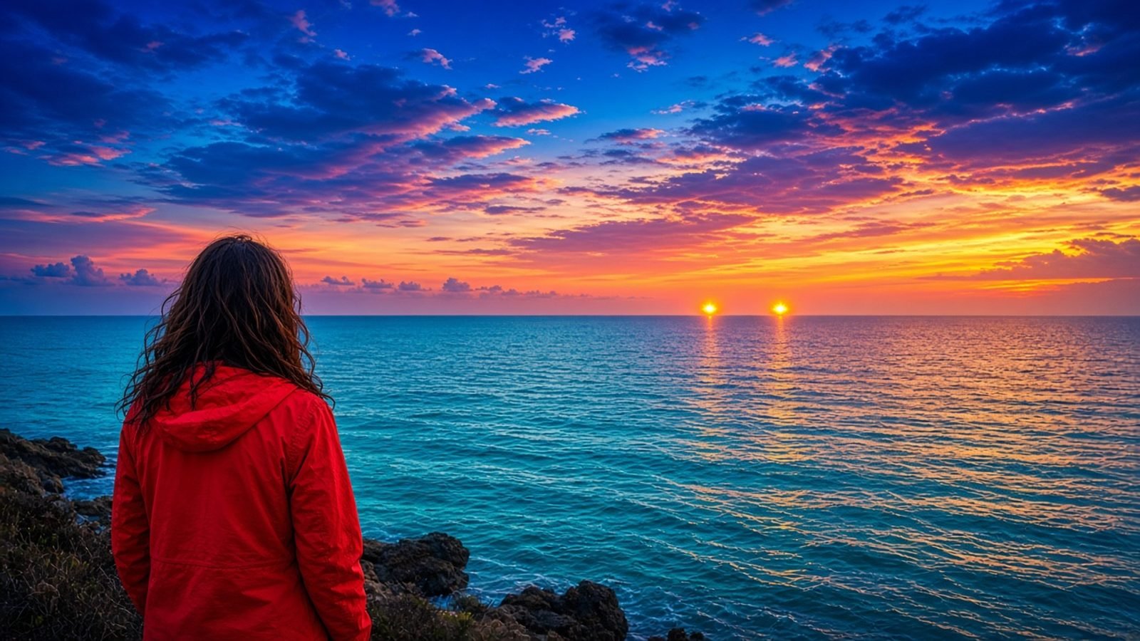 A person in a red jacket watching two warm lights over turquoise water at orange-magenta sunset