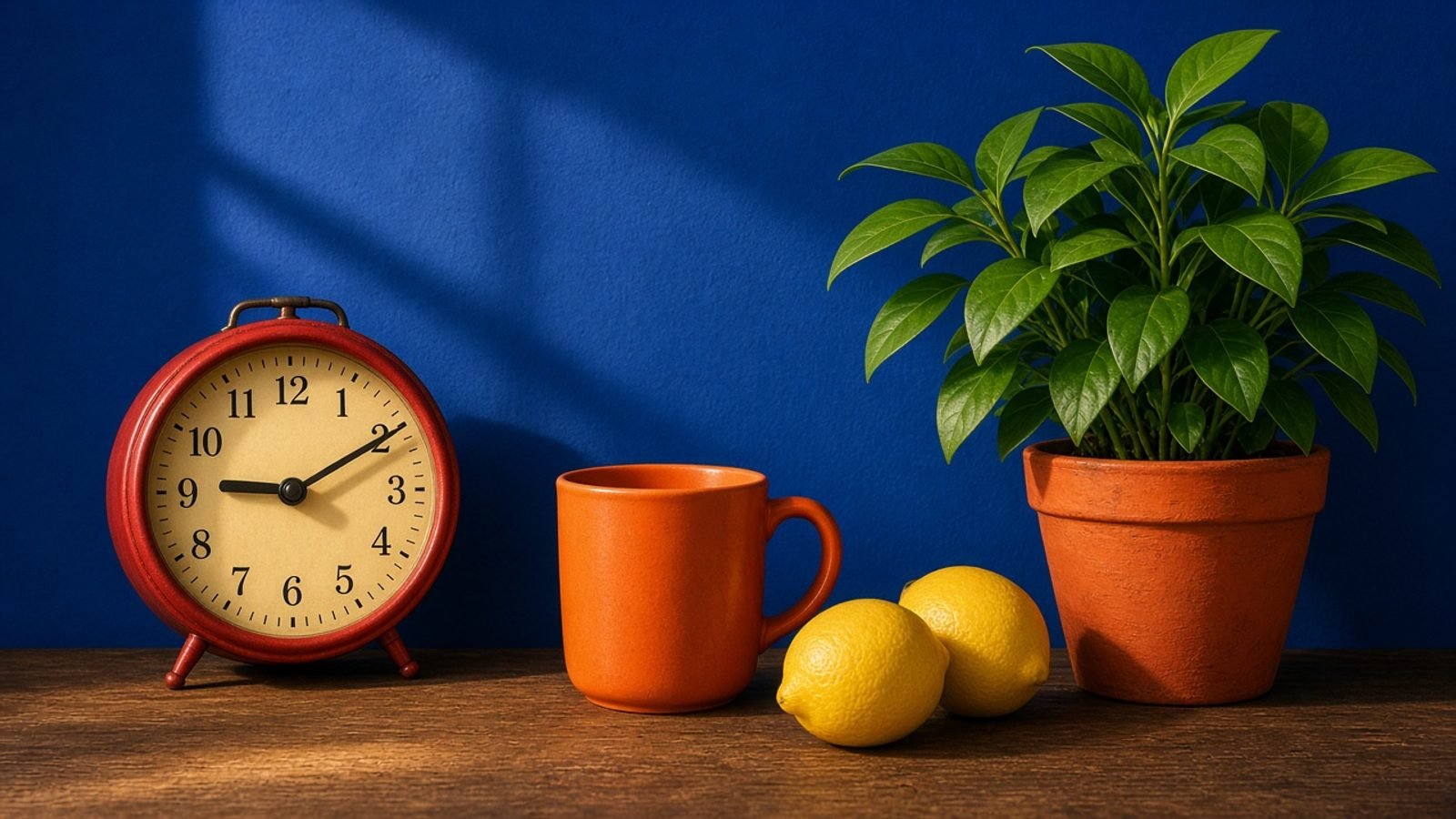 A red-handed clock beside an orange mug, yellow lemons, and a green plant on a cobalt wall