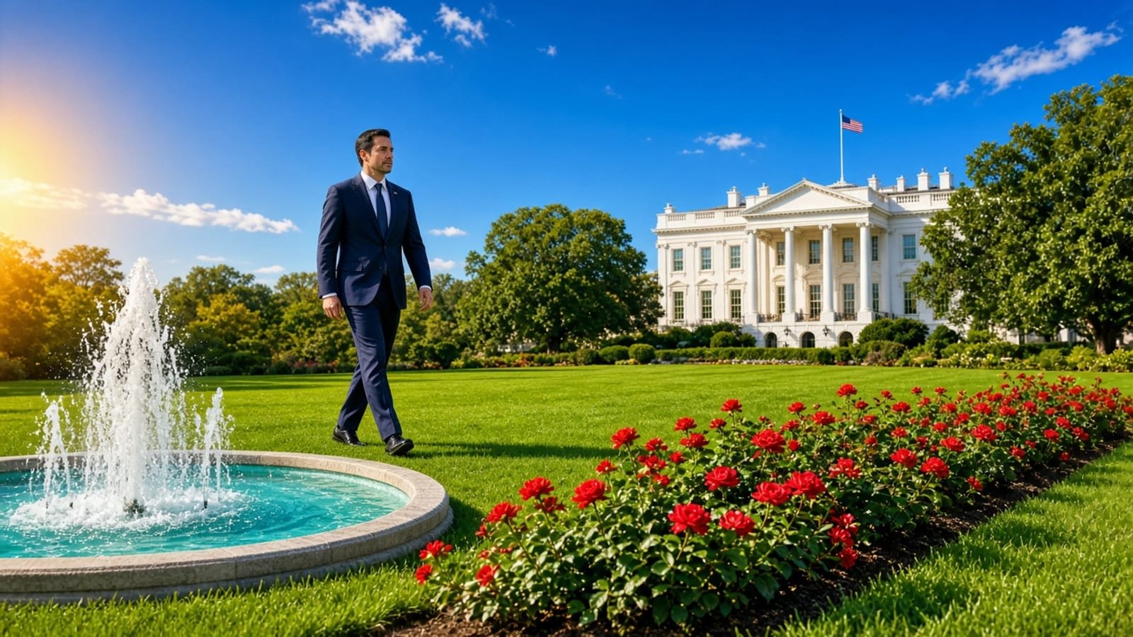 A navy-suited person on a bright green White House lawn with a turquoise fountain under royal-blue and orange sky