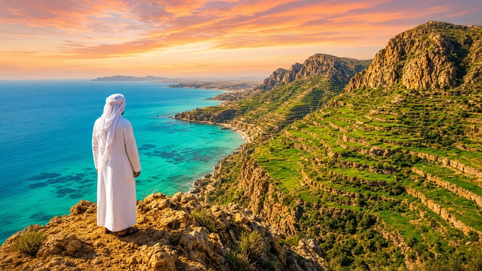 A person in white on a gold Yemen ridge above turquoise Red Sea water under an orange-pink sky
