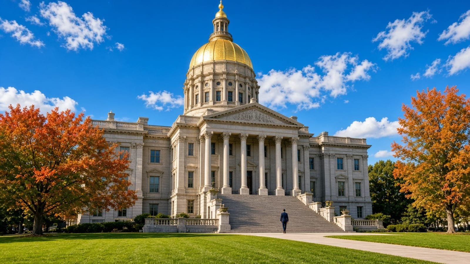 A gold-domed courthouse under a royal-blue sky with green lawn and orange maples