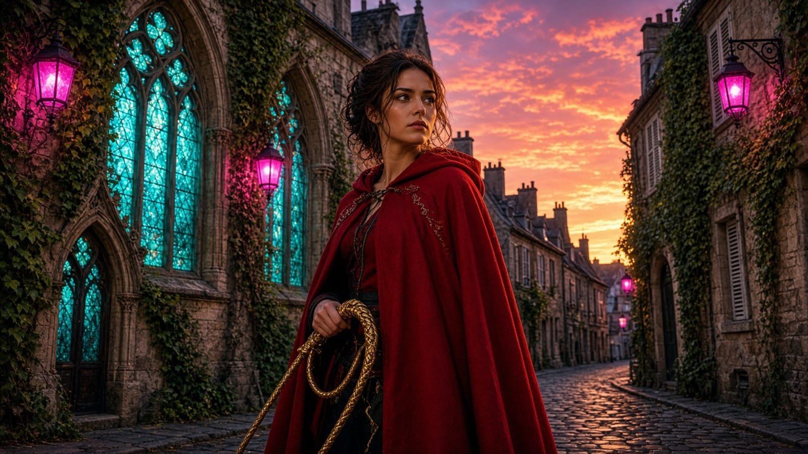 A person in a crimson cloak on a gold Paris street with turquoise glass and magenta lanterns