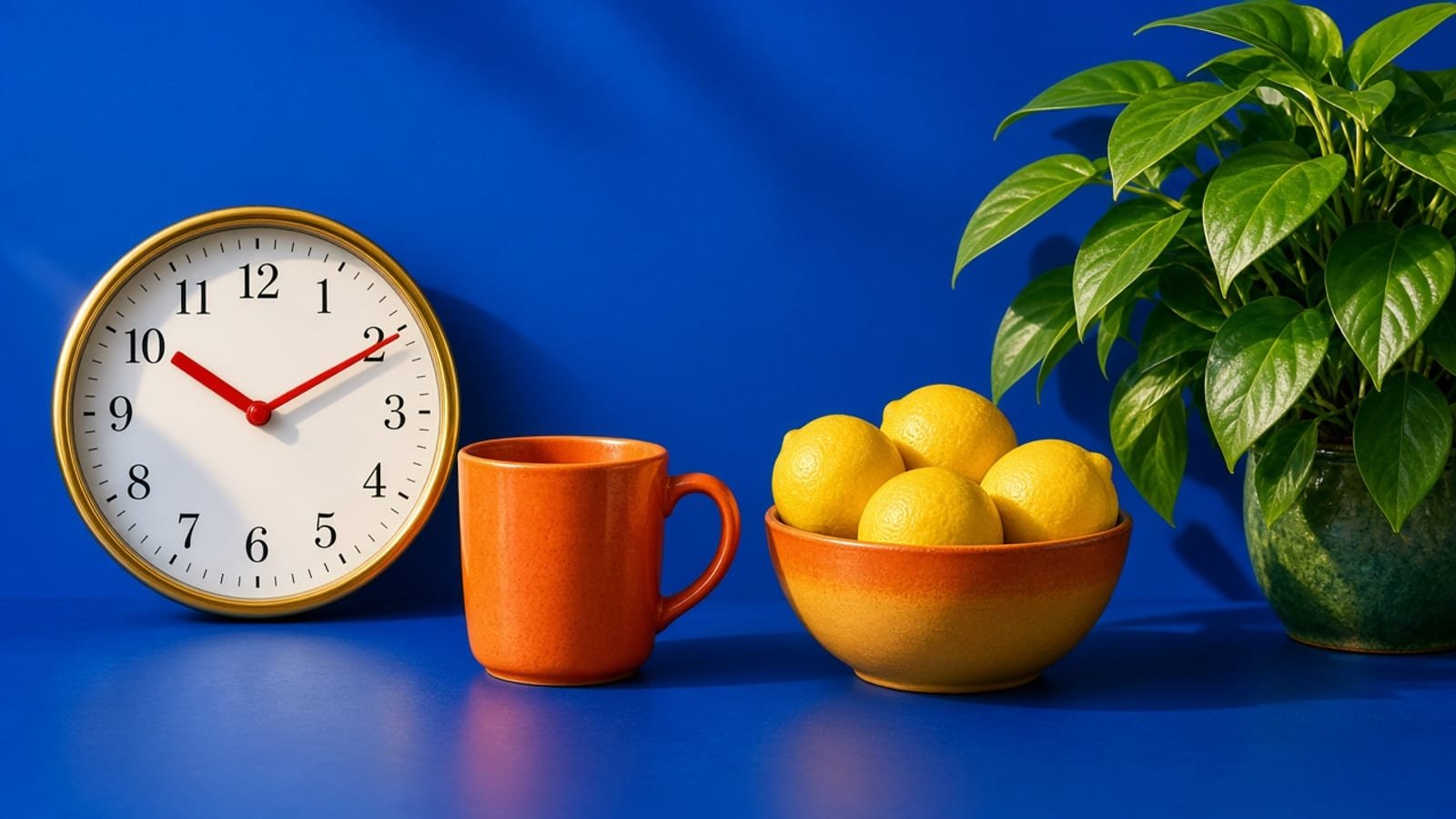 A red-handed clock beside an orange mug, yellow lemons, and a green plant on a cobalt wall