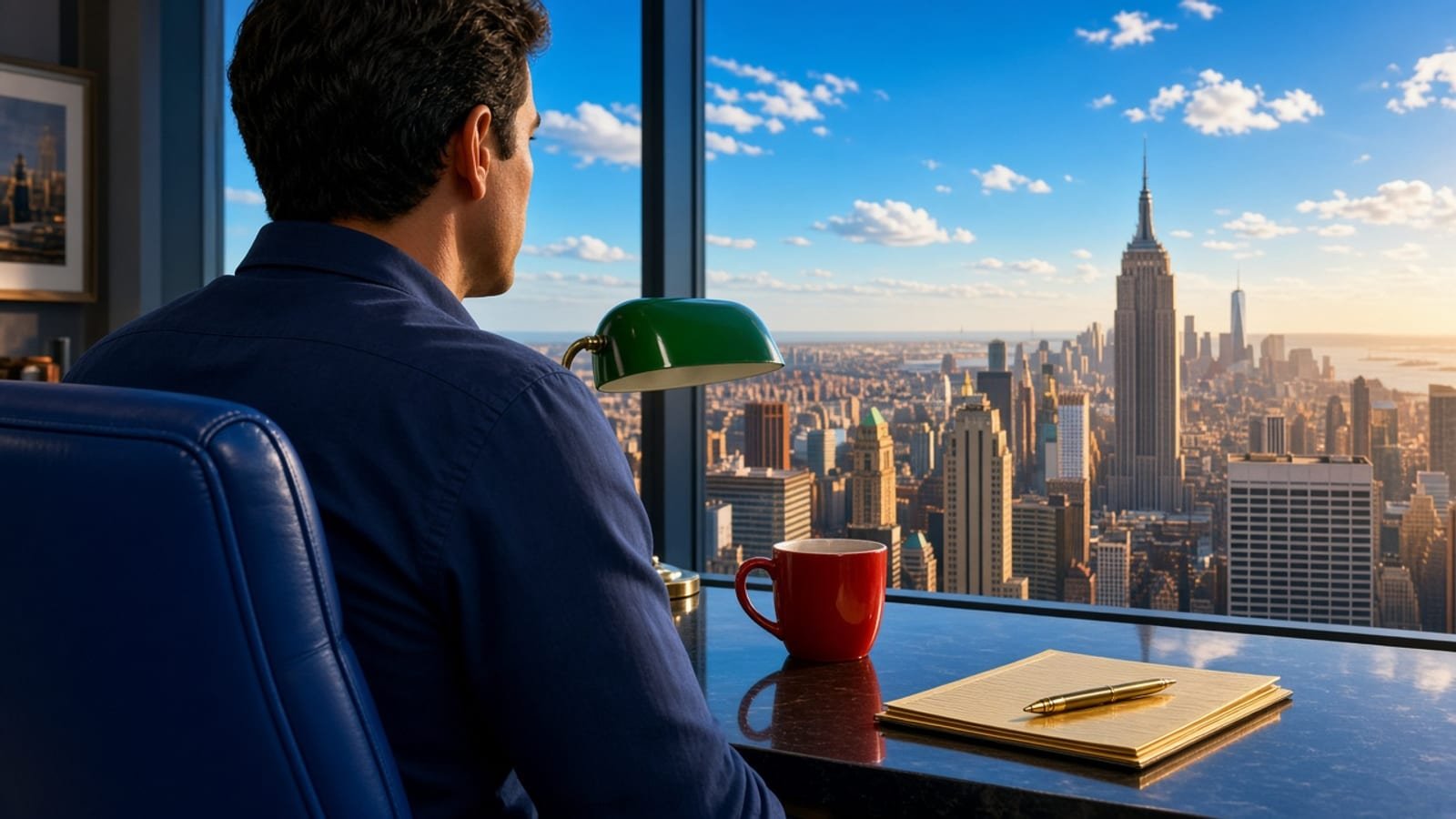 A Thursday midday news desk with a red mug, green lamp, and orange sunlit skyline