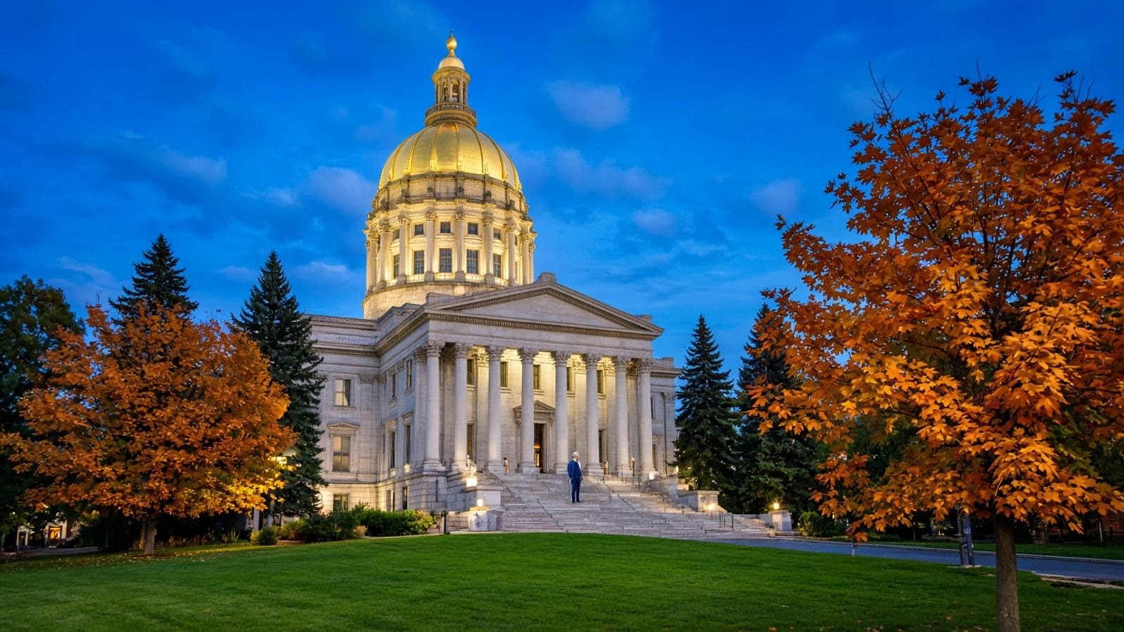 A gold-domed courthouse under a royal-blue evening sky with green lawn and orange maples