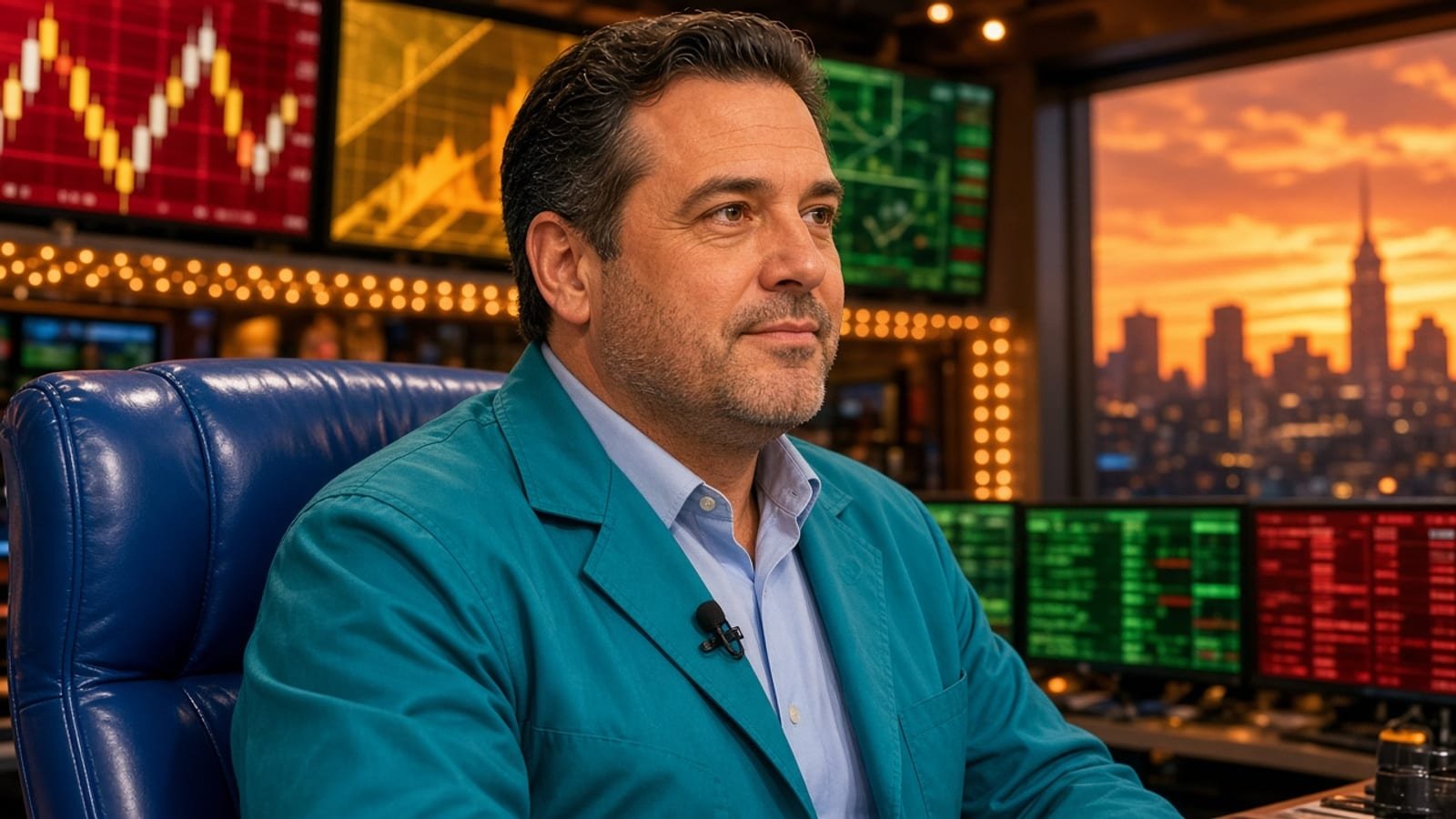 A teal-jacket trader at a royal-blue chair with colorful close-bell screens and amber lights