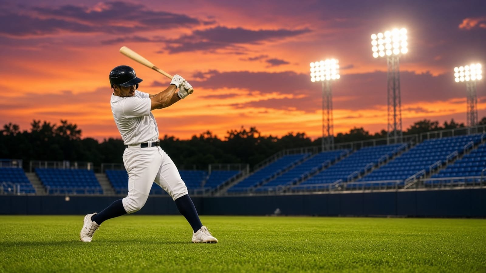 A batter in white on green grass under gold stadium lights and royal-blue seats