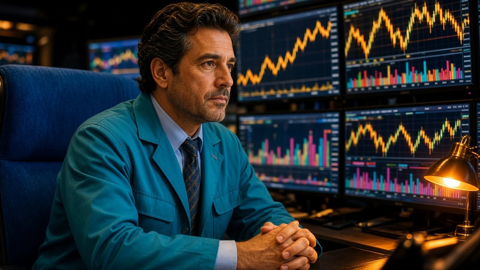A teal-jacket trader at a royal-blue chair with amber monitor glow and no readable tickers