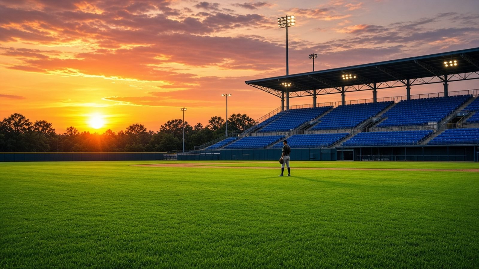 A baseball field at golden hour with green grass, royal-blue seats, and orange sunset lights