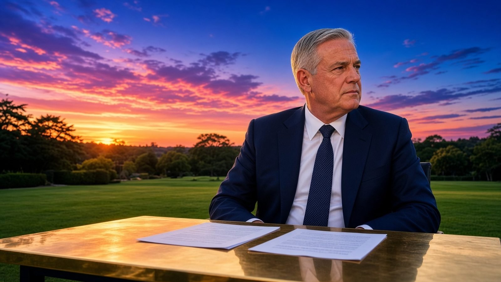 A navy-suited person at a gold-lit outdoor table with emerald lawn and an orange-pink sunset