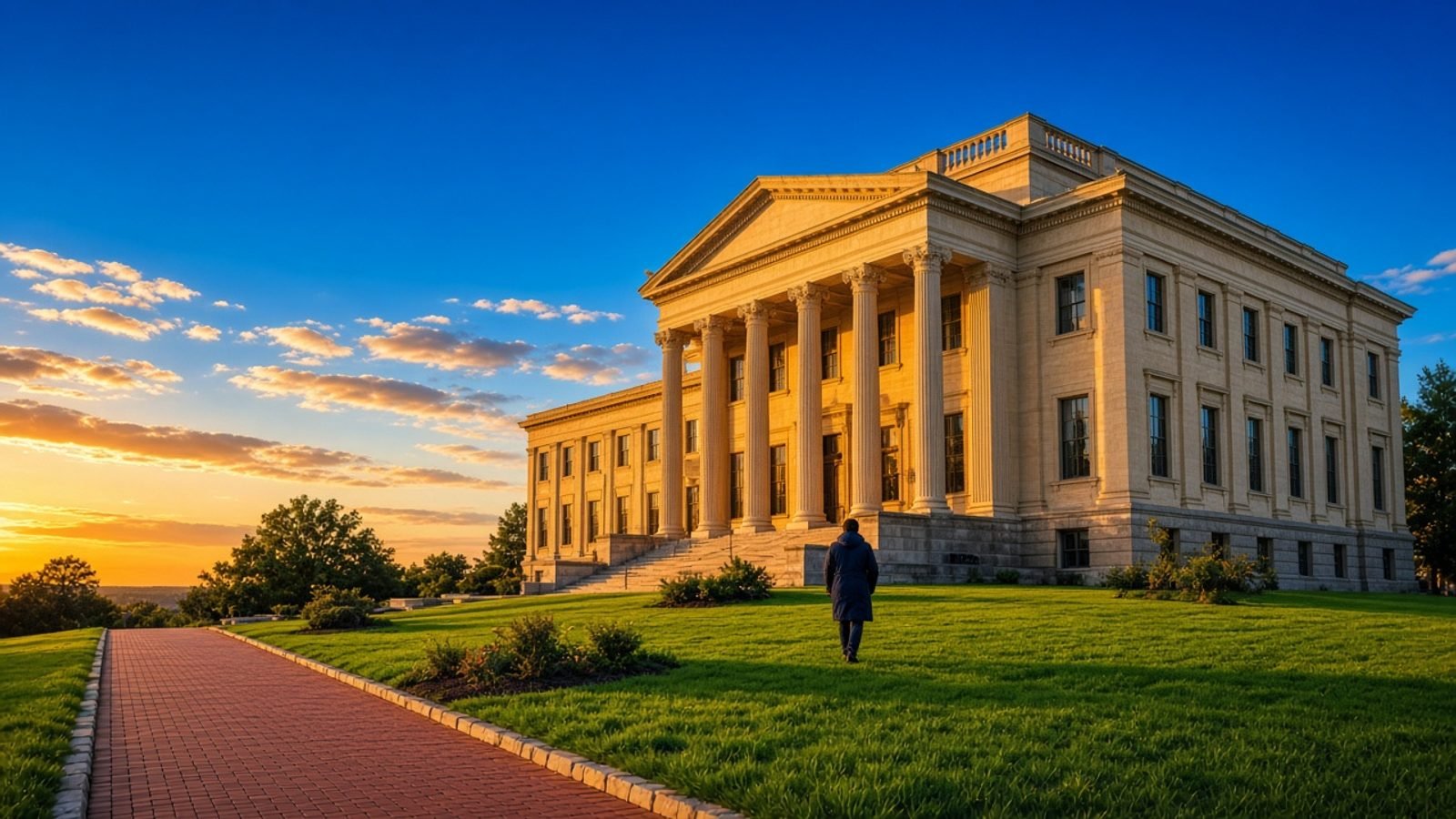 A limestone courthouse at golden hour with emerald lawn and a person on the steps